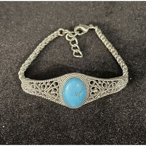 Canyon Sky Southwest Inspired Bracelet Intricate Silver Tone w/ Oval Turquoise